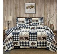Market & Place 3 Piece Reversible Quilt Set with Sham | King Cabin Comforter Set | Rustic Bear Buffalo Check Lodge Bedding | Orson Collection (King, Navy/Taupe)