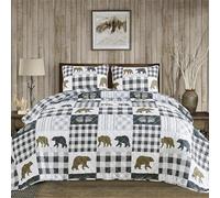 Market & Place Rustic Quilts King Size | 3-Piece Cabin Comforter Set with Shams | Reversible Lodge Bear Bedding for All Season | Orson Collection (King, Grey/Brown)