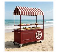Market Stall with Striped Awning, Metal Frame, Outdoor Markets Cart, Double-tier Display Counter and Storage Cabinet, Lockable Casters, and Handrails