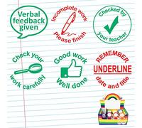 Marking Essentials Teacher Stamp Boxset: Checked by teacher, Verbal feedback given, Check your work carefully, Underline date and title, Good work, well done, Incomplete work, Please finish