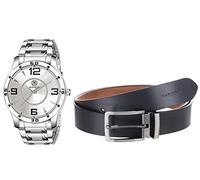 MARKQUES Men's Watch and Genuine Leather Belt Combo Gift Set for Men (BON-770909-EXE-1101), Silver, strap