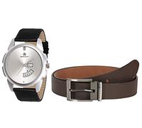 MARKQUES Men's Watch and Genuine Leather Belt Combo Gift Set for Men (STV-770901-EXE-1102), Silver, strap