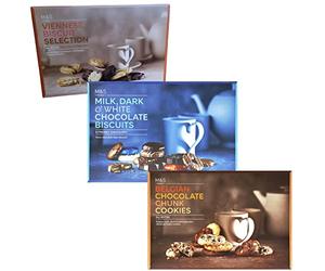 Marks and Spencer Extremely Chocolatey Milk Dark and White Chocolate Biscuits 450g, M&S Belgian Chocolate Chunk Cookies 500g and M&S Viennese All Butter Biscuit Selection 450g Biscuits Gift Bundle