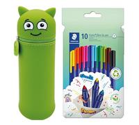 MARKY Pencil Case in Emoji Design in Green, Soft and Wear-Resistant Silicone, Includes 10 STAEDTLER Triplus Colour Felt Tip Pens 323, Triangular, Approx. 1 mm, Made from 97% Recycled Material