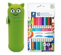 MARKY Pencil Case in Emoji Design in Green, Soft and Wear-Resistant Silicone, Includes 10 STAEDTLER Twin Colour Double Felt Pens, Two Tip Pens with Two Colours, Line Widths 3 mm and 1 mm