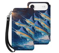Marlin Fish Leap Out of Sea at Night Wallet Case Compatible with iPhone 17 Air 17 Pro Max with Card Holder Wristband