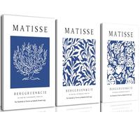 Marllifenney Blue Matisse Wall Art Framed Set of 3 Abstract Navy Blue Posters Minimalist Flower Market Canvas Prints Modern Aesthetic Decor Artwork Painting Picture for Living Room Bedroom 16x24in