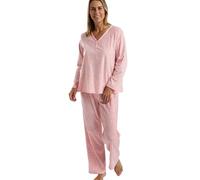 Marlon Women’s Debbie Soft Printed Fleece Pyjama Set - Warm Printed Fleece Loungewear With Button Neck Top & Cosy Full Length Pants, Delicate Floral Pink, 12-14