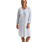 Marlon Women’s Jessie 40” Nightdress - Soft Knitted Jersey Classic Short Nightie With Cosy Long Sleeves & Button Placket - Warm Shorter Length Nightgown, Fun Blue, 12-14