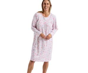 Marlon Women’s Jessie 40” Nightdress - Soft Knitted Jersey Classic Short Nightie With Cosy Long Sleeves & Button Placket - Warm Shorter Length Nightgown, Fun Pink, 8-10