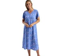 Marlon Women’s Linzi Long Soft Polycotton Jersey Pleat Front Nightdress With Buttons, Autumn Leaf Blue, 12-14