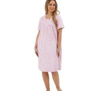 Marlon Women’s Marcia Nightie - Shorter Length 40” Soft Jersey Nightdress With Short Sleeves & Button Placket - Pure Cotton, Linear Pink, 20-22