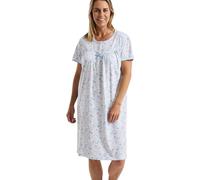Marlon Women’s Marcia Nightie - Shorter Length 40” Soft Jersey Nightdress With Short Sleeves & Button Placket - Pure Cotton, Fun Blue, 24-26