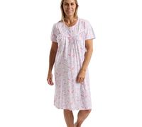 Marlon Women’s Marcia Nightie - Shorter Length 40” Soft Jersey Nightdress With Short Sleeves & Button Placket - Pure Cotton, Fun Pink, 24-26