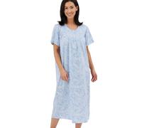 Marlon Women’s Maria Nightie - Soft Knitted Jersey Nightdress With Short Sleeves & Button Placket - Pure Cotton or Comfy Easy Care Fabric, Linear Blue, 8-10