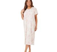 Marlon Women’s Maria Nightie - Soft Knitted Jersey Nightdress With Short Sleeves & Button Placket - Pure Cotton or Comfy Easy Care Fabric, Pink Palm, 24-26