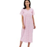 Marlon Women’s Maria Nightie - Soft Knitted Jersey Nightdress With Short Sleeves & Button Placket - Pure Cotton, Linear Pink, 8-10