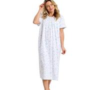Marlon Women’s Maria Nightie - Soft Knitted Jersey Nightdress With Short Sleeves & Button Placket - Pure Cotton or Comfy Easy Care Fabric, Spring Garden Blue, 24-26