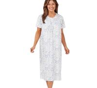 Marlon Women’s Maria Nightie - Soft Knitted Jersey Nightdress With Short Sleeves & Button Placket - Pure Cotton or Comfy Easy Care Fabricn, Blue Palm, 24-26