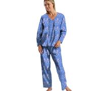 Marlon Women’s Paula Pintuck Detail Soft Knitted Pyjama Set - Comfy Printed Jersey Long Sleeve Loungewear Top & Full Length Pants, Autumn Leaf Denim, 16-18