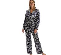 Marlon Women's Bea Piped Printed Satin Revere Collar Pyjama Pajama Set, Deep Indigo, 50-52