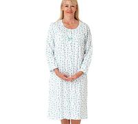 Marlon Women's Ellie Classic Button Through Nightgown - Soft & Comfy Jersey Front Opening Nightdress With Long Sleeves - Cosy & Breathable Sleepwear, Ocean Blue, 12-14