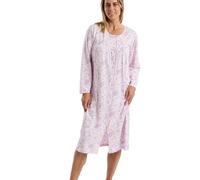 Marlon Women's Ellie Classic Button Through Nightgown - Soft & Comfy Jersey Front Opening Nightdress With Long Sleeves - Cosy & Breathable Sleepwear, Bouquet Pink, 20-22
