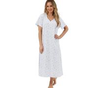 Marlon Womens Linzi Long Plus Size Soft Cotton Knitted Jersey Nightdress With Buttons, Harvest Blue, 12-14
