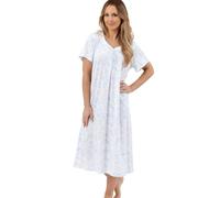 Marlon Womens Linzi Long Soft Polycotton Jersey Pleat Front Nightdress With Buttons, Blue Sketchy, 8-10