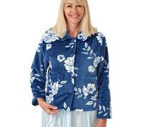 Marlon Women's Lucy Fleece Bed Jacket - Soft Short Robe with Peter Pan Collar, Long Sleeves & Button or Zip Closure - Cosy & Warm Loungewear, Ocean Blue Floral, 16-18