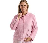 Marlon Women's Lucy Fleece Bed Jacket - Soft Short Robe with Peter Pan Collar, Long Sleeves & Button or Zip Closure - Cosy & Warm Loungewear, Swirl Rose, L
