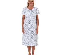 Marlon Women's Maria Nightie - Soft Knitted Jersey Nightdress with Short Sleeves & Button Placket - Pure Cotton or Comfy Easy Care Fabric, Blue, 24-26