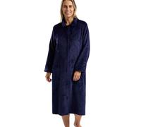Marlon Women's Sabrina Button Through Embossed Fleece Dressing Gown - Soft & Cosy Housecoat With Pockets, Navy Swirl, S