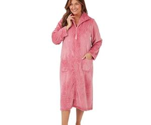 Marlon Womens Serena Zip Front Embossed Fleece Housecoat Zip Up Bath Robe, Pink, 16-18