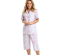 Marlon Women's Sylvie Luxury Woven Cotton Cropped Pyjama Set - Pretty Floral Print 100% Cotton Button-Down PJs With Short Sleeves & Capri Pants - Soft Breathable Sleepwear For Ladies, Floral, 12-14