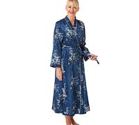 Marlon Womens Vara Piped Floral Printed Satin Long Robe, Ocean Blue, 14-16