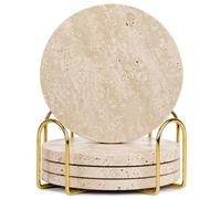 Marmor Coasters Natural Travertine Marble Coasters Set of 4 for Drinks Absorbent Stone with Holder Style Ceramic Drink Coaster Tabletop Protection Coffee Table Decor House Gifts (Travertine Marble)