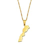 Maroc Map & Cities Name Pendant Necklace Gold Men Morocco Map Chain Necklace, 60cm Thin Chain, Copper, Agate