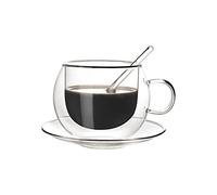 Marooma Glass Coffee Mug Set, 5.28oz Double Wall Coffee Tea Mugs with Handle, Saucer and Stirring Spoon, Drinkware for Cappuccino, Latte, Hot Beverages for Home and Office, Insulated Cups(150mL)