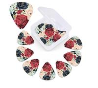 Maroon and Navy Flower Print Guitar Picks 12 Pack with Custom Organizer Storage Box, Guitar Accessories, Ukulele for Acoustic Guitar, Bass,