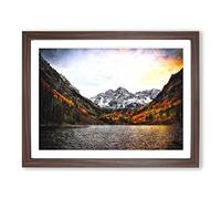 Maroon Bells Mountains In Colorado Painting Modern Art Framed Print | A3 Walnut Framed Wall Art | Ready to Hang | Modern Landscape Picture | Living Room Bedroom Lounge Office