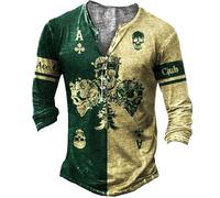 MaroYanYML Summer V-Neck Button Men's Henley Shirt Long Sleeve Vintage Poker Checkerboard 3D Printed Graphic Oversized T-Shirts