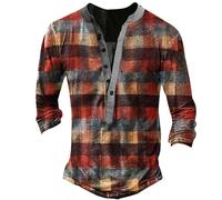 MaroYanYML Vintage Henley Shirt for Men 3D Plaid Printed Long Sleeve Tops Tees Casual Streetwear V-Neck T-Shirt Oversized Punk Streetwear