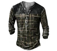 MaroYanYML Vintage Henley Shirt for Men 3D Plaid Printed Long Sleeve Tops Tees Casual Streetwear V-Neck T-Shirt Oversized Punk Streetwear