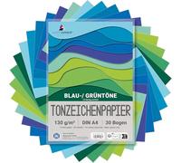 MarpaJansen Coloured Drawing Paper, 10 Blue/Green Shade, DIN A4, 30 Sheets, 130 g/m², Blue Angel Certified