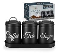 Marra Living - Tea Coffee Sugar Canisters Set of 3 - Airtight Kitchen Storage Jars with Lids and a Coordinating Tray - Metal Canister Set for Countertop Organization - Black Matte Finish - 1L Each