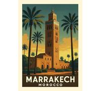 Marrakech Morocco Travel Art Print, Vintage Mosque Palm Trees Sunset Wall Poster. Size A4