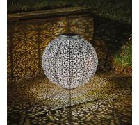 Marrakech Solar Powered Garden Lantern - Outdoor Hanging or Standing Round Silver Damask Silhouette Light for Patio, Decking, Balcony, Tabletop, Fence, Wall - Measures H32 x 30cm Diameter