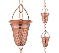 Marrgon Copper Hammered Rain Chain - Decorative Chimes & Cups Replace Gutter Downspout & Divert Water Away from Home for Stunning Fountain Display - 6.5’ Long for Universal Fit - Bell Style