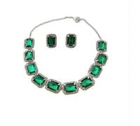 Marriage jewelry Elegant Emerald Crystal Statement Necklace, Silver-Toned Chain, Green Rectangle Gems